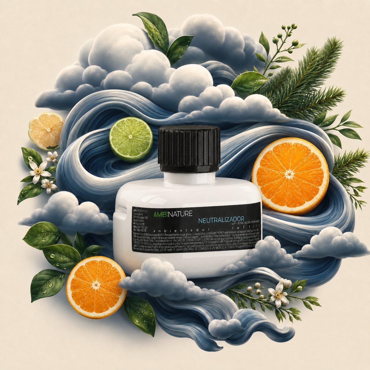 Desodorizante Ambientador Líquido Elétrico Recarga NEUTRALIZADOR rodeado por frutas cítricas e nuvens decorativas.