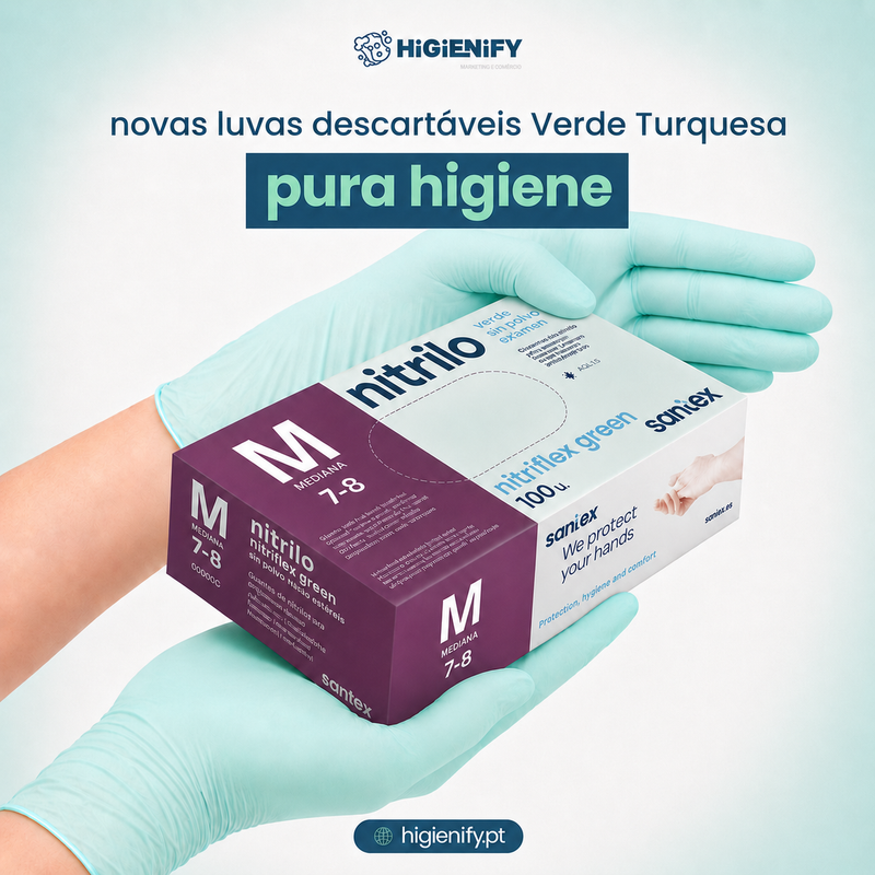 Imagem das luvas de nitrilo descartáveis Verde Turquesa, embalagem da Santex Nitriflex Green, destacando a higiene.