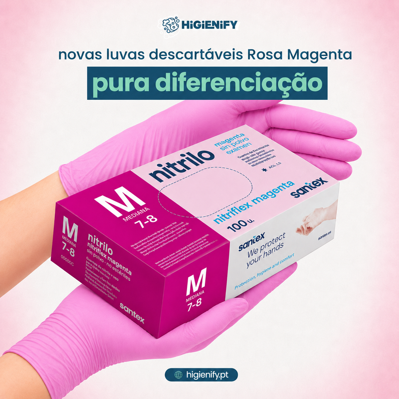 Luvas de Nitrilo Descartáveis Rosa Magenta, embalagem de 100 unidades, com foco em diferenciação e qualidade.