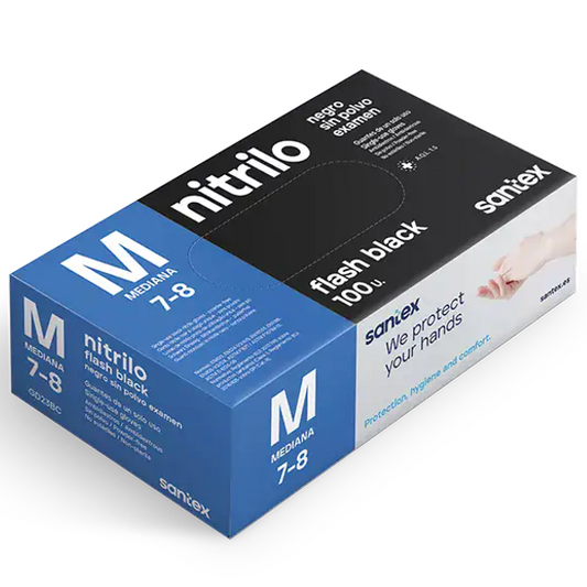 Luvas Nitrilo Pretas Extra Fortes Descartáveis Santex Flash Black, embalagem de 100 unidades, tamanho M (7-8)