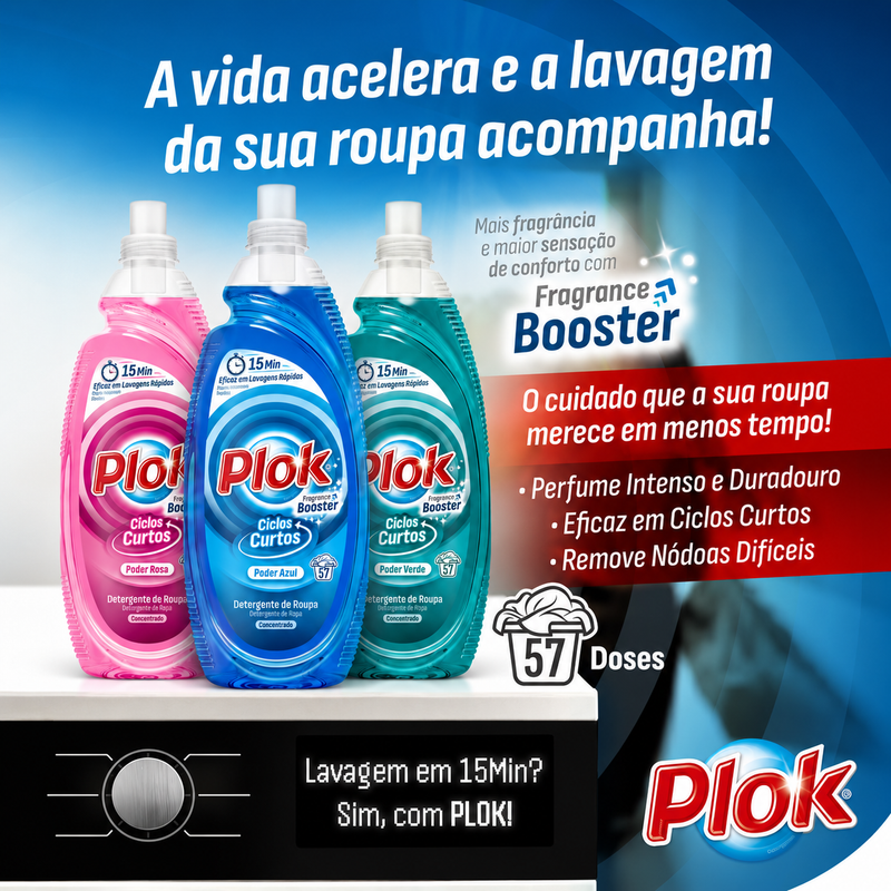 Detergente para Máquina da Roupa Especial Ciclos Curtos com Fragrance Booster da Plok em embalagem de 2 litros.