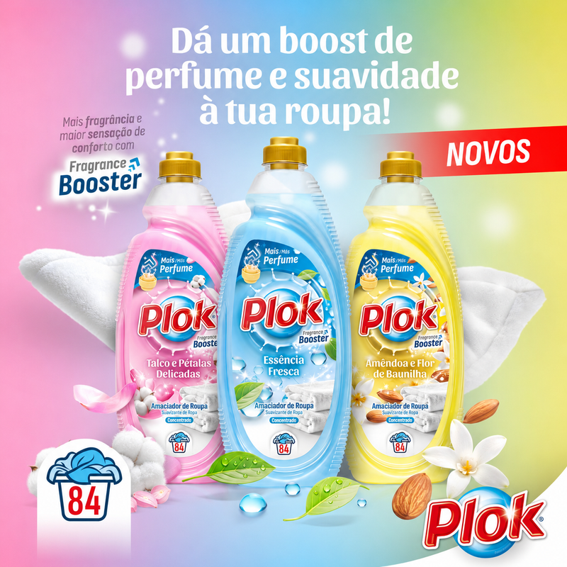 Amaciador de Roupa Extra Perfumado da Plok, embalagem de 2L com 84 doses, promovendo suavidade e fragrância.