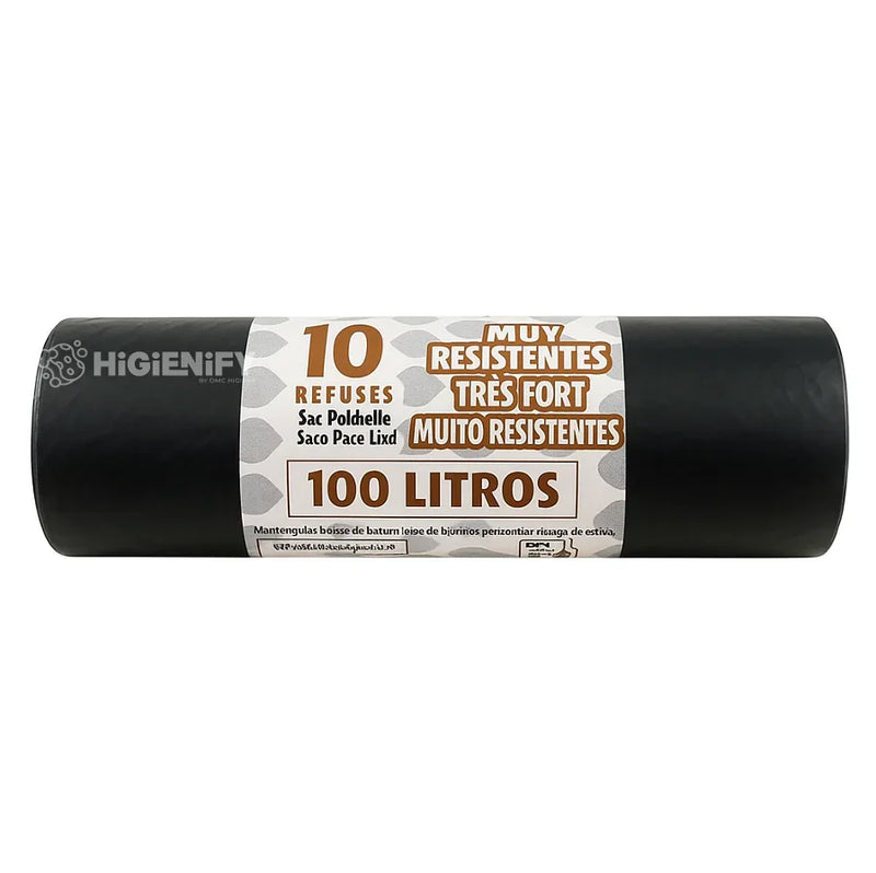 Sacos do Lixo Pretos em Rolo 100L | Embalagem contendo 10 sacos resistentes para gestão de resíduos diários.