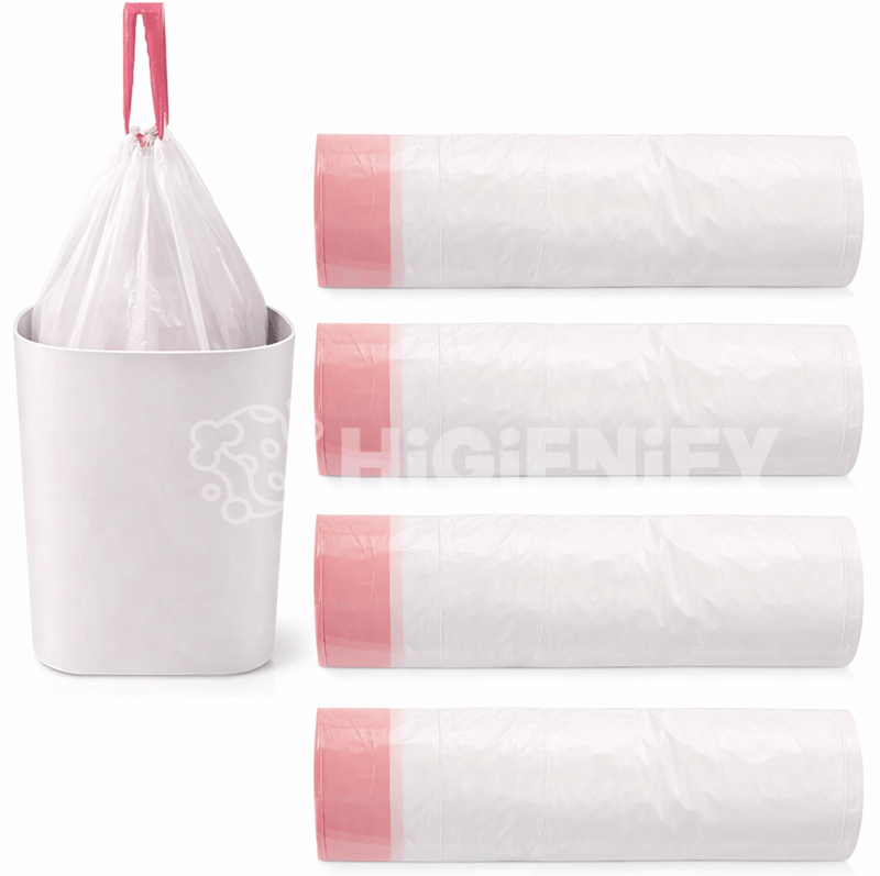 Saco Lixo Branco Rolo WC | OPTILIGHT CFF em balde de lixo, com rolos individuais ao lado.