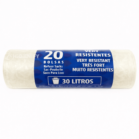 Sacos do Lixo Transparentes em Rolo 30L com 20 unidades, leves e resistentes, ideais para gestão de resíduos diários.