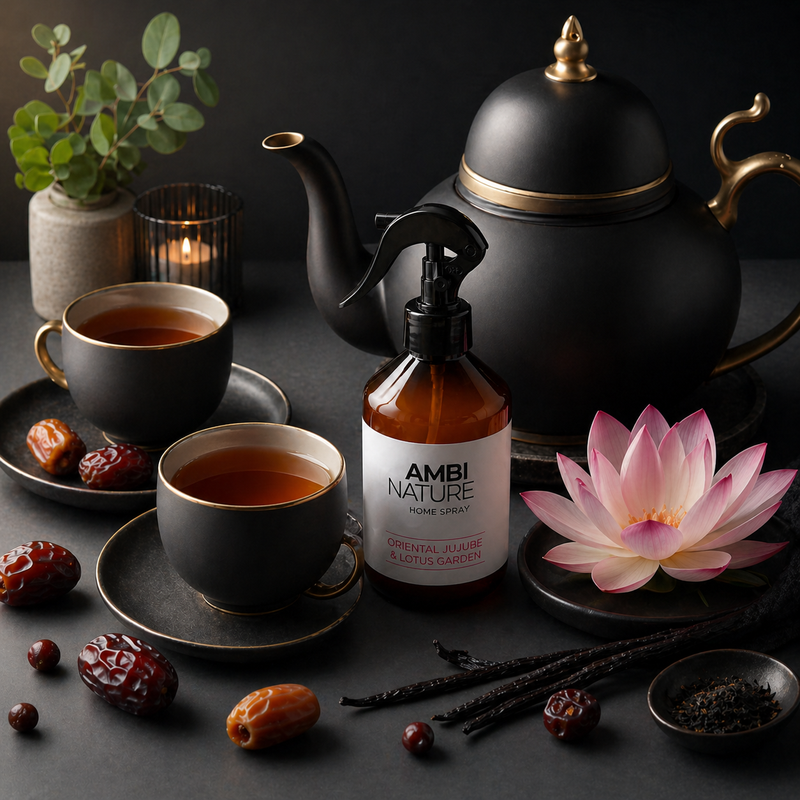 Ambientador Líquido Premium Oriental Jujube em ambiente zen com chá e flores de lótus.
