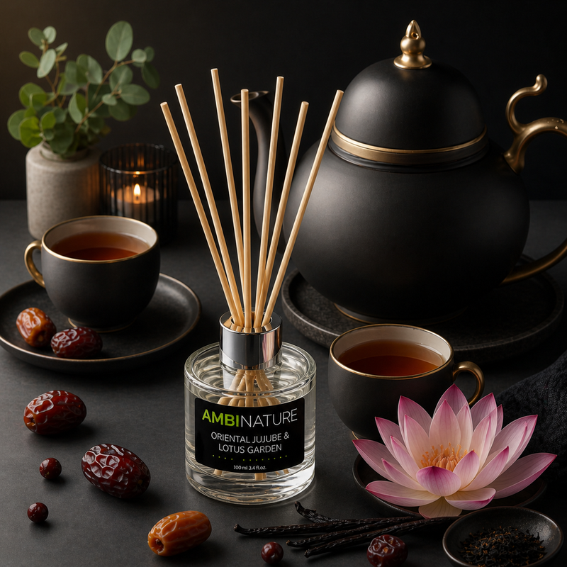 Ambientador Mini Mikado Premium com aroma Oriental Jujube e Lotus Garden em mesa decorativa com chá e flores.