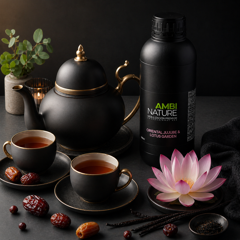 Essência Nebulizadora Oriental Jujube em ambiente acolhedor com chá, flores de lótus e elementos decorativos.