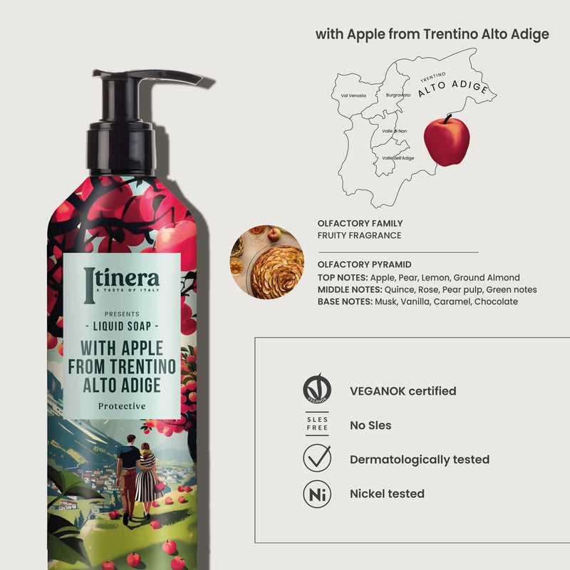 Sabonete Líquido para Mãos Vegan ITINERA com maçã do Trentino Alto Adige, fragrância frutal e proteção.