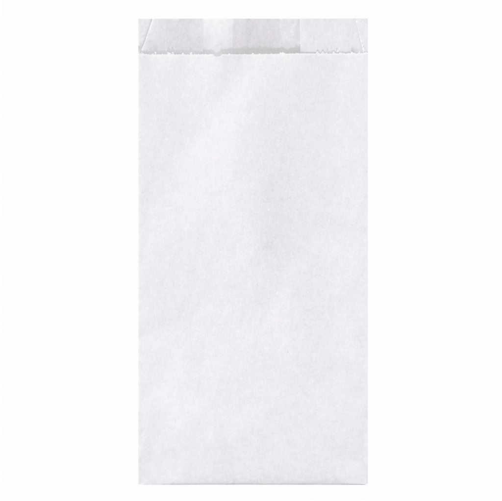 Papel Bolsa Anti-Gordura Branca 14x24 cm, embalagem branca e resistente, ideal para food service.