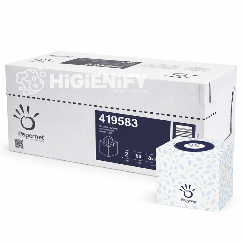 Lenços Faciais Tissue Mini 2F Papernet, embalagem de 16 packs, cada um com 88 folhas, para uso diário.