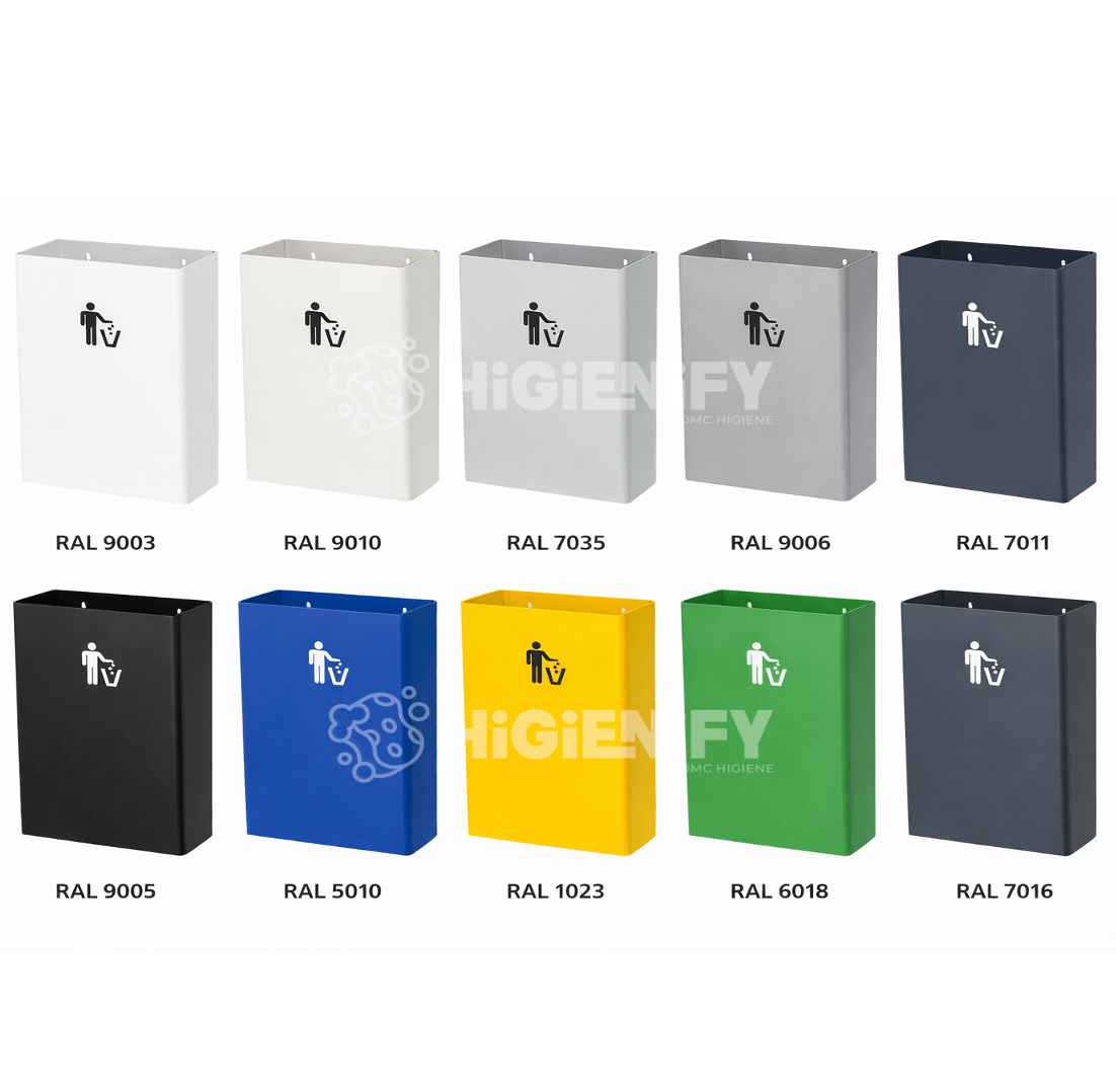 Papeleira Metálica de Parede 25L disponível em várias cores RAL, incluindo preto, branco e amarelo.