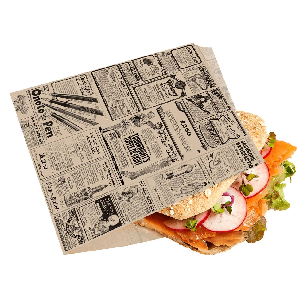 PAPEL BOLSA ANTI-GORDURA ABERTURA 2 LADOS TIMES OLD 16x16 Folhas Jornal Antigo Impresso Restaurante