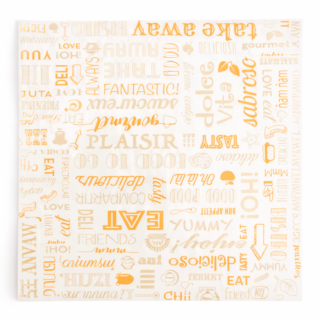 Papel Folha Anti-Gordura Parole 31x31 cm com design de palavras como 'eat' e 'fantastic', ideal para food service.