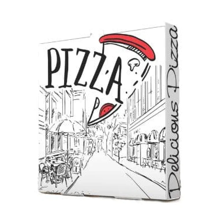 Caixa Pizza 30x30cm com ilustração de pizza, ideal para take away, pack de 100un, resistente a gordura e humidade.