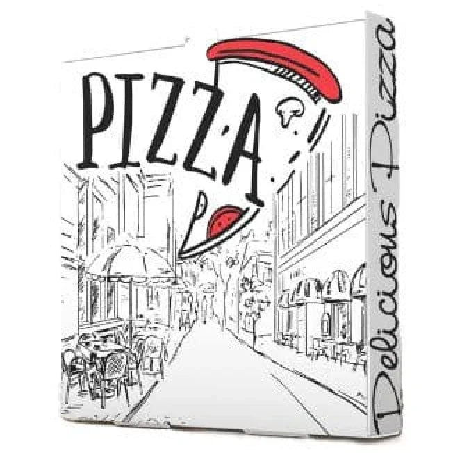 Caixa Pizza 40x40cm com ilustração divertida, formato extra grande, ideal para take away, pack de 100 unidades.