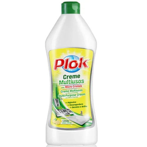 Creme de Limpeza Limão com Microcristais 750ml PLOK em garrafa, produto multiuso para limpeza eficaz.