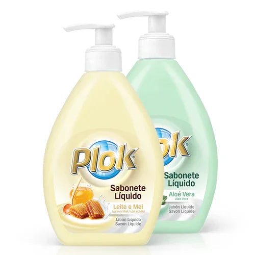 Sabonete Líquido Leite e Mel com Doseador e Sabonete Líquido Aloe Vera da Plok em frascos de 600ml.