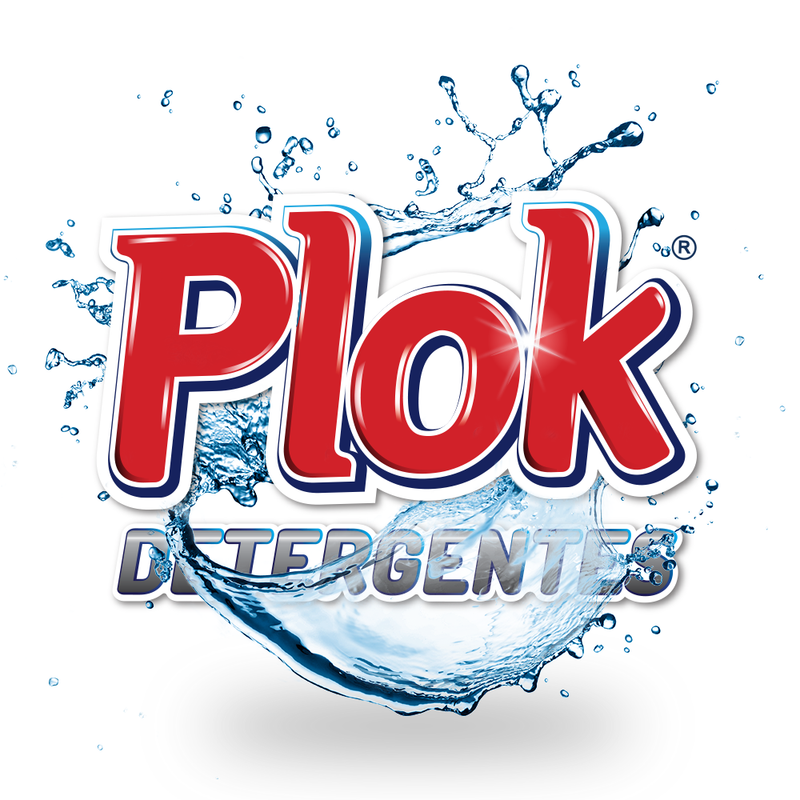 Logotipo da Plok Detergentes com efeito de água, representando detergente para máquina da roupa especial ciclos curtos.