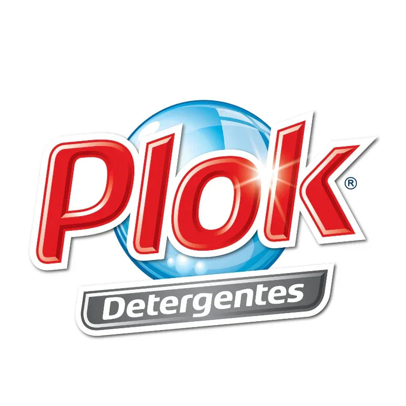 Logotipo da Plok Detergentes com fundo azul, representando a marca de produtos de limpeza.