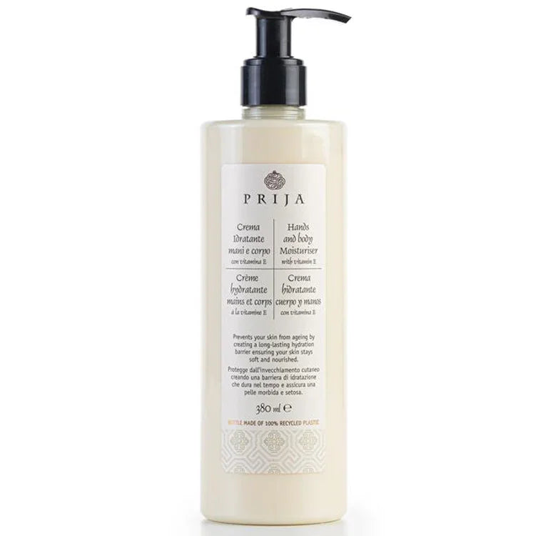 Loção Hidratante Corporal PRIJA 380ml numa garrafa com bomba doseadora, ideal para hidratar mãos e corpo.