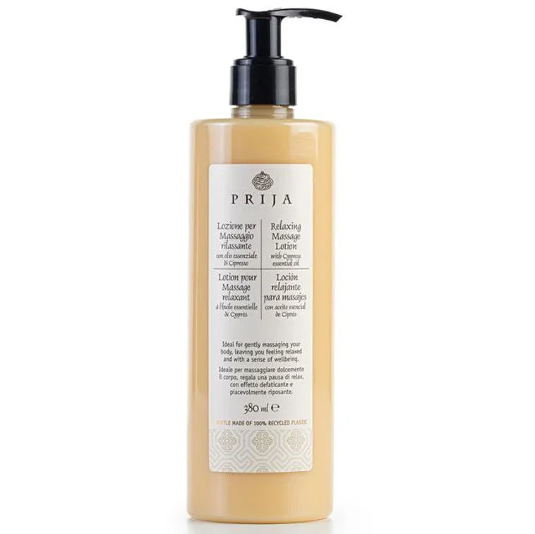 Loção de Massagem PRIJA 380ml com bomba doseadora, ideal para relaxamento e bem-estar.
