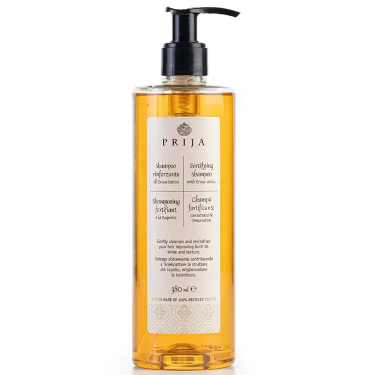 Champô Fortificante PRIJA 380ml em frasco com bomba doseadora, ideal para nutrir e revitalizar o cabelo.