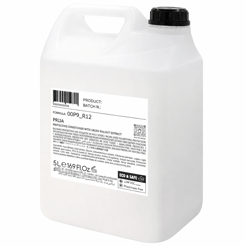 Condicionador de Cabelo PRIJA em garrafão de 5 litros com extrato de noz verde, ideal para hidratação e proteção dos cabelos.