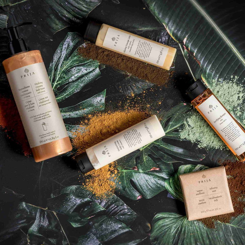 Gel de Banho e Champô 2em1 PRIJA e outros produtos naturais sobre folhas verdes.