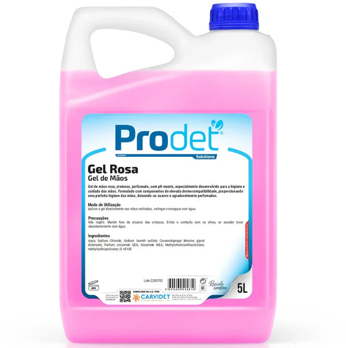 Garrafão de Sabonete Gel das Mãos Profissional 5L prolado da marca PRODET GEL P no aroma rosa tropical