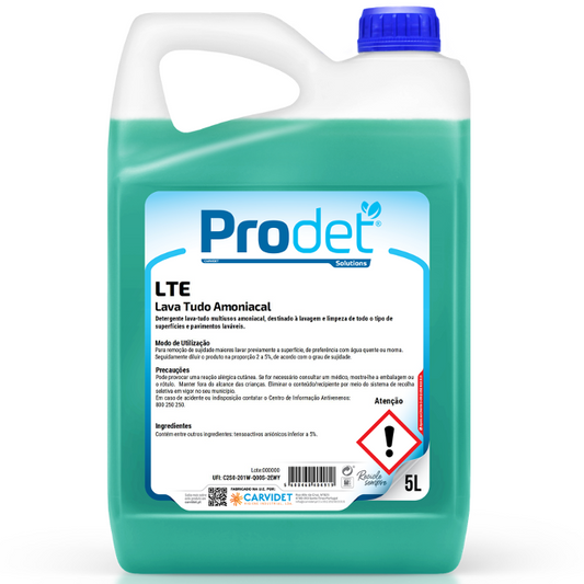 Detergente Lava Tudo Amoniacal 5L - PRODET LTE, detergente alcalino multiusos para limpeza profissional.