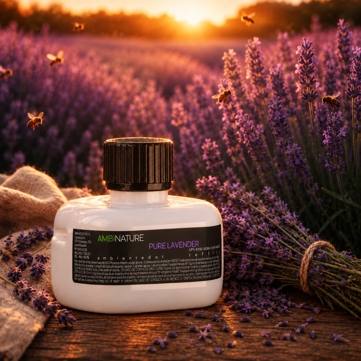 Ambientador Líquido Elétrico Recarga PURE LAVENDER em campo de lavanda com pôr do sol ao fundo.