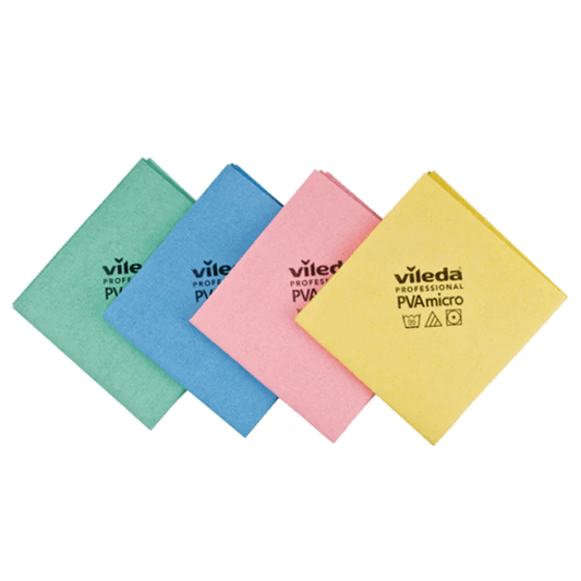 Pano Microfibra Vileda PVA Micro em várias cores: verde, azul, rosa e amarelo, pack de 5 unidades.