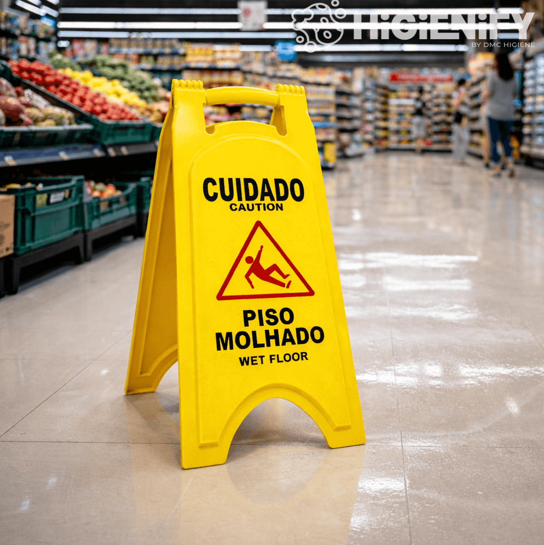 Painel Sinalizador de Piso Molhado da marca DELFI PRO colocado sobre um piso de um supermercado, avisando para limpeza em curso