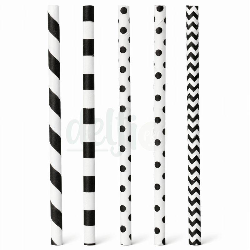 Palhinhas Papel Cartão Pretas Mix 20cm Cores Preta e Branca Take Away Bar Café Restaurante