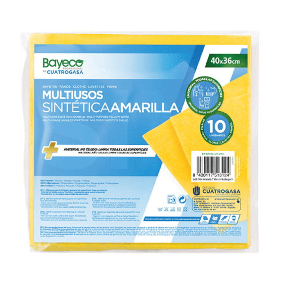 Pano Multiusos Sintético da Bayeco em embalagem de 10 unidades, ideal para limpeza eficaz em diversas superfícies.