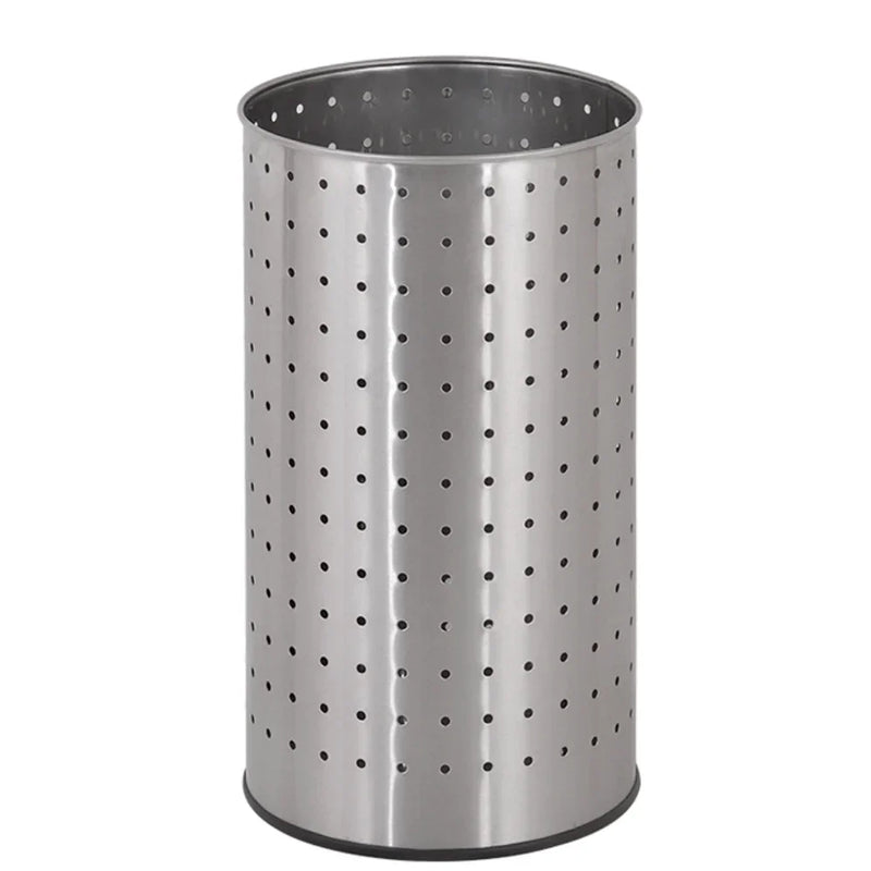 Papeleira Porta Guarda-Chuvas em Inox, formato cilíndrico e perfurado, ideal para uso em ambientes internos.