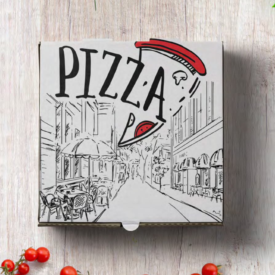 Caixa Pizza 33x33cm com ilustração divertida, perfeita para take away e resistente a gordura e humidade.
