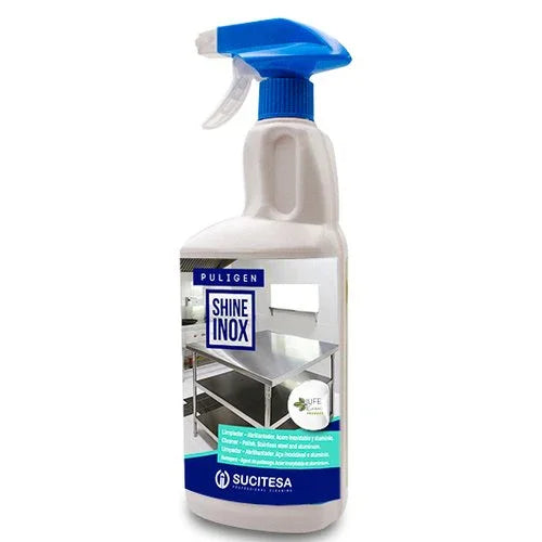 Garrafa de Spray Polidor e Abrilhantador para Inox Profissional da marca PULIGEN SHINE METAL, perfeito para superfícies em aço inox e alumínio.