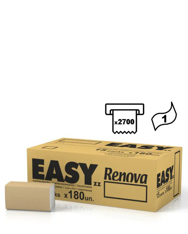 Papel Toalhas de Mãos Zig-Zag Recicladas 1F Renova Easy em caixa com 2700 folhas, embalagem prática e sustentável, para uso profissional