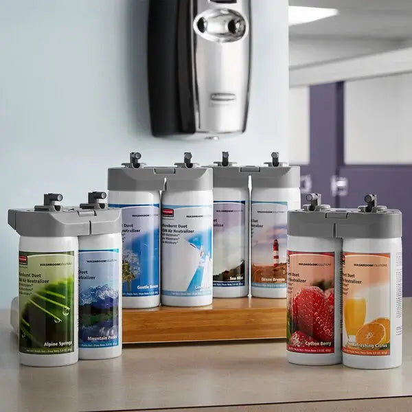 Ambientador Profissional Rubbermaid Microburst Duet - frascos de fragrâncias em exibição