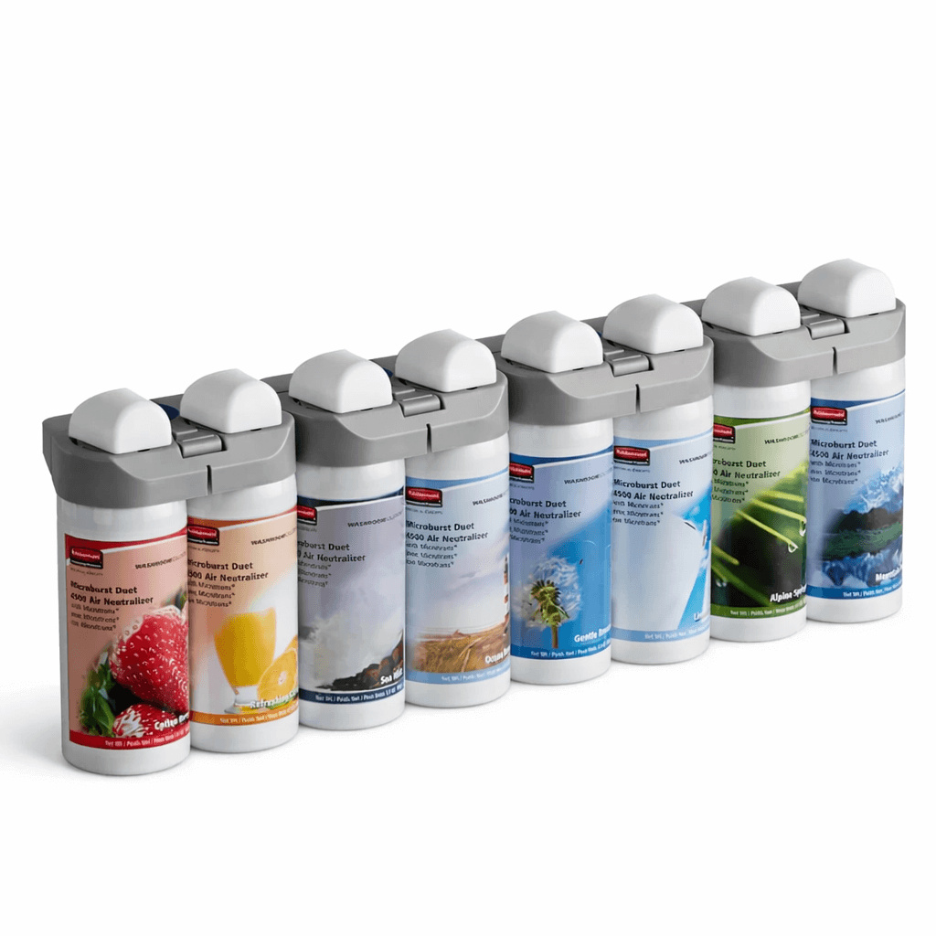 Ambientador Profissional Rubbermaid Microburst Duet - variedade de fragrâncias em frascos modernos e compactos.