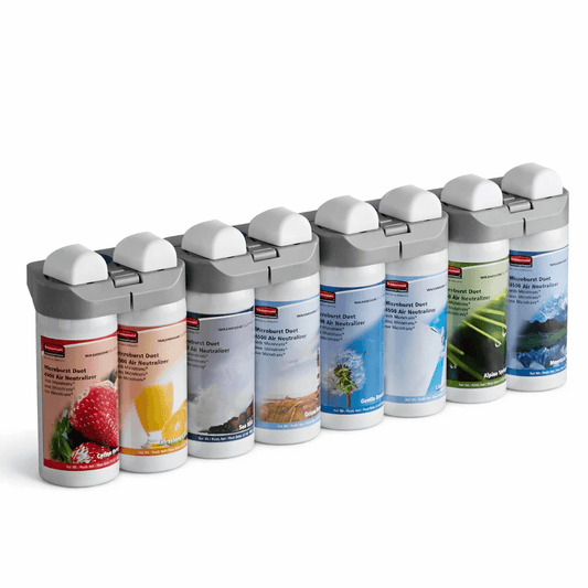 Ambientador Profissional Rubbermaid Microburst Duet - variedade de fragrâncias em frascos modernos e compactos.