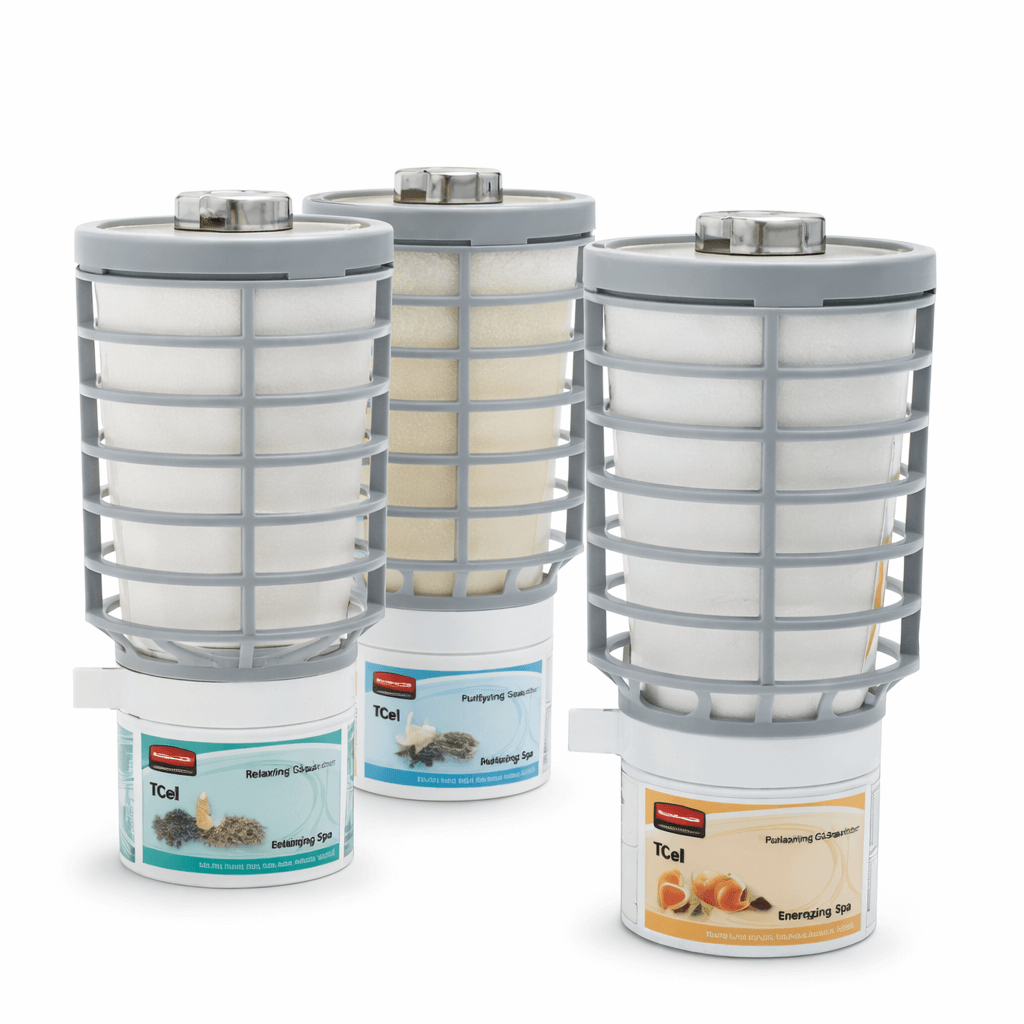 Ambientador Contínuo Rubbermaid TCELL com três recargas em destaque, fragrâncias relaxantes e purificantes.