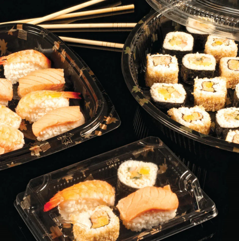 Embalagem Sushi Preta PS Take Away com Tampa 22x10cm Retangular Pintada Decorada Restaurante Asiático Bar Japonês Menu Comida