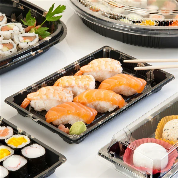 Embalagem Sushi Preta PS Take Away com Tampa 27x27cm Quadrada Redonda Pintada Decorada Restaurante Asiático Bar Japonês Menu Comida
