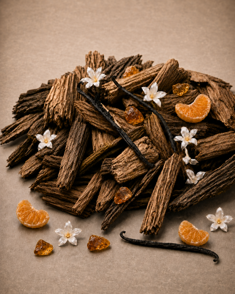 Recarga de Ambientador Mikado com pedaços de madeira de sândalo, flores e essência de baunilha.