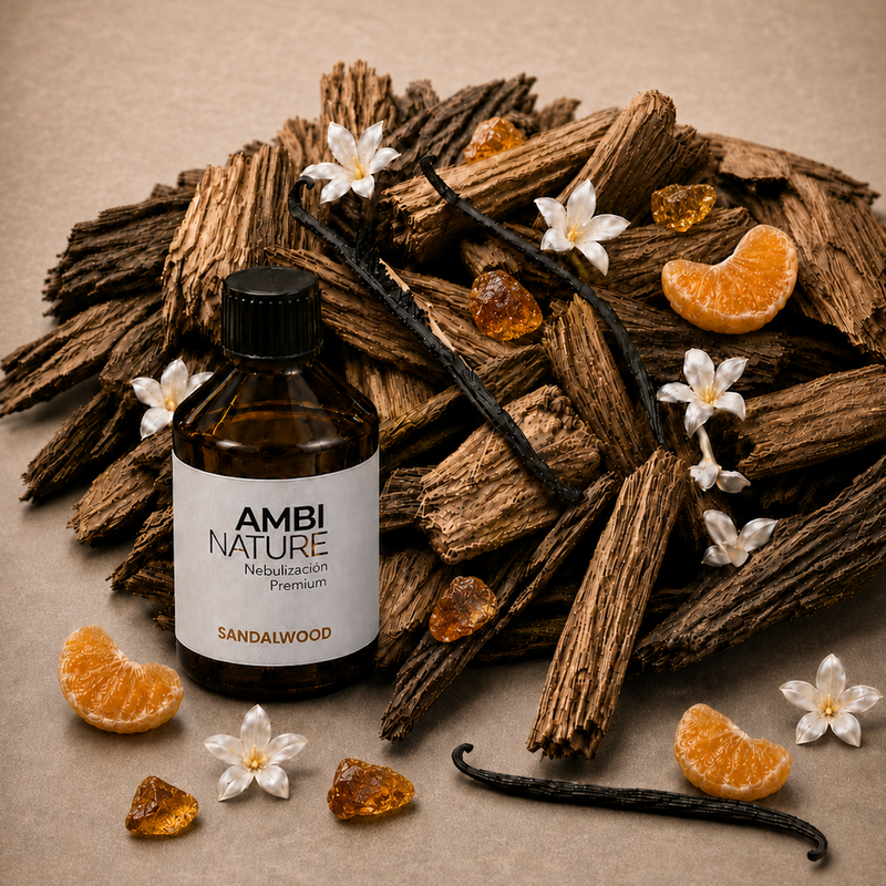 Recarga de Óleos Essenciais para Difusores SANDALWOOD em frasco com madeira, flores e pedaços de fruto.