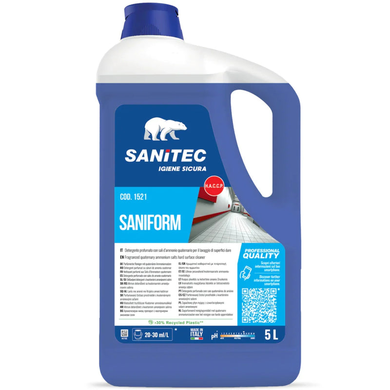 Detergente Multiusos Higienizante Profissional 5L da marca Sanitec Saniform, ideal para limpeza e desinfeção.