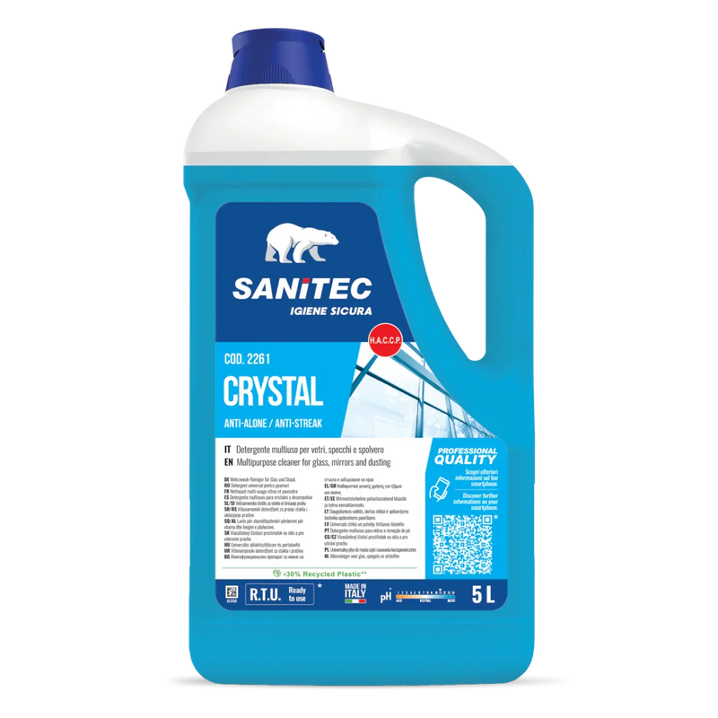 Garrafão de 5 Litros de Detergente Limpa Vidros e Superfícies de Alta Performance da marca SANITEC CRYSTAL